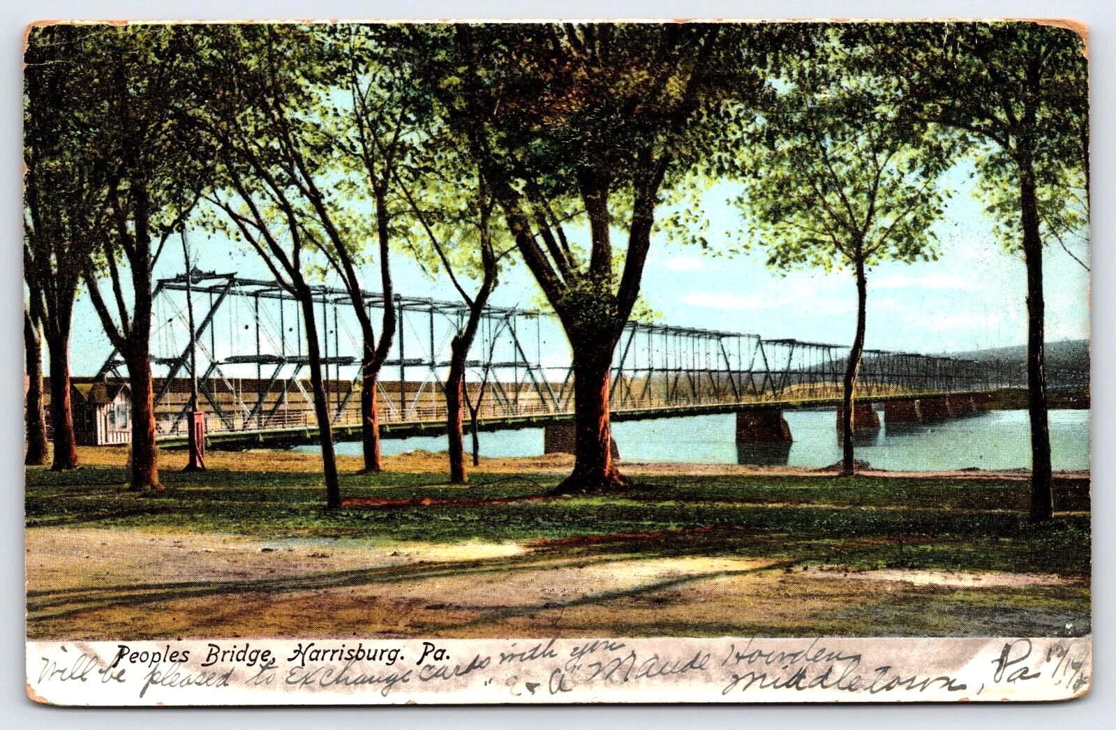 VINTAGE OLD ANTIQUE POSTCARD PEOPLES BRIDGE RIVER HARRISBURG PENNSYLVANIA 1908