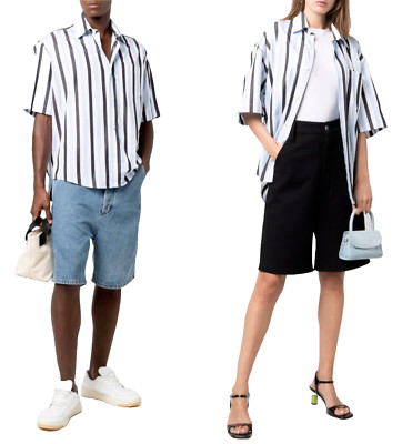 Ami Paris Unisex Striped Short Sleeved Dress Shirt Logo Parisian Hemd Bnwt XL