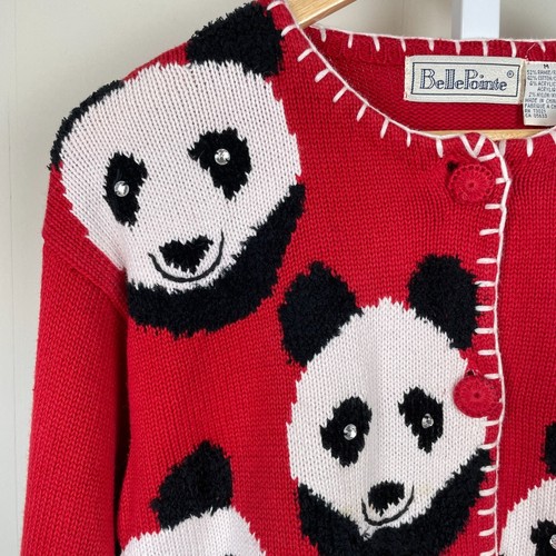 VTG 90s Belle Pointe Cardigan Sweater Womens Medium Panda Face Allover Pattern - Picture 3 of 8