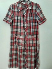 Vtg Seersucker Housecoat Robe Sz S 40" Red Sage Green Gray Plaid Pearl Snaps Poc