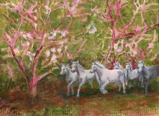 ORIGINAL ART PAINTING RUNNING HORSES LANDSCAPE RED BUD TREES  USA BY SUE FURROW