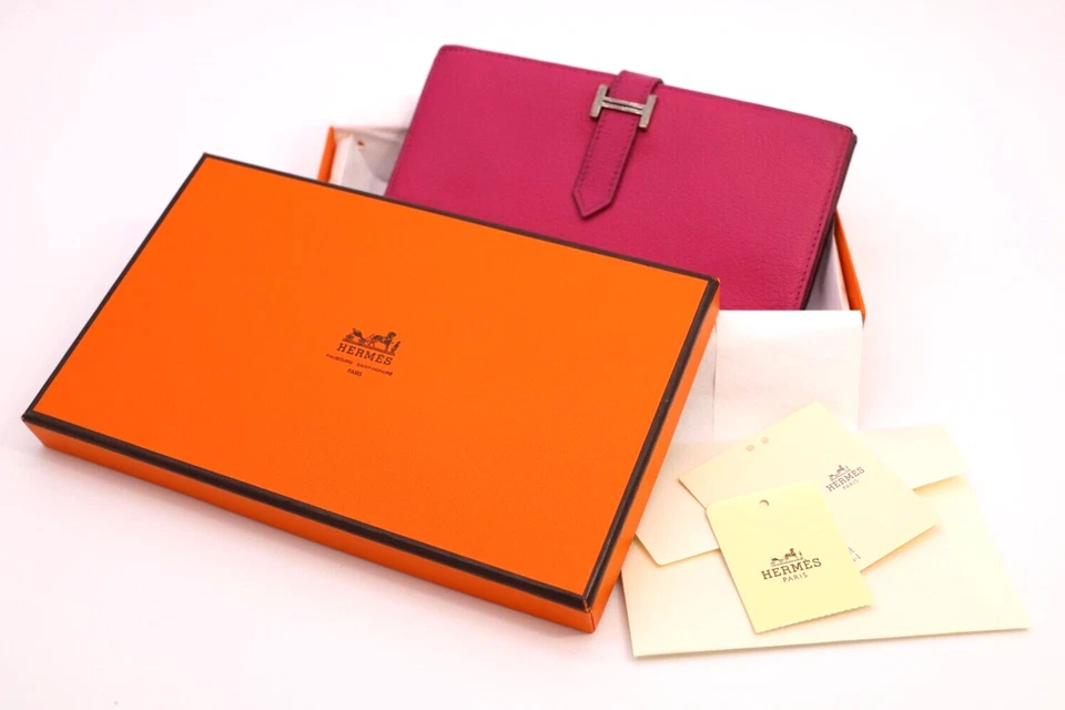 Cartera Larga Hermès Bearn Cartera Triple Cuero Suave Rosa Impactante Caja Auténtica Foto 2 de 4