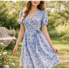DAZY Blue Floral Wrap Dress Short Puff Sleeve V-Neck Cottagecore Mini Size M