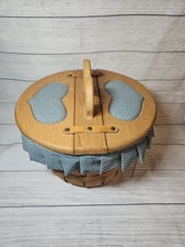 Vintage 15" Wooden Sewing Basket With Blue Cut-Out Hearts & Trim - Double Doors