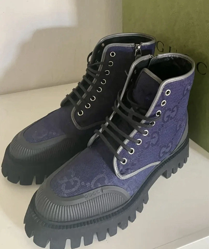 Hombres Gucci Maxi GG Combate Lona Con Cordones Azul Gucci Botas Talla 9 Foto 3 de 4