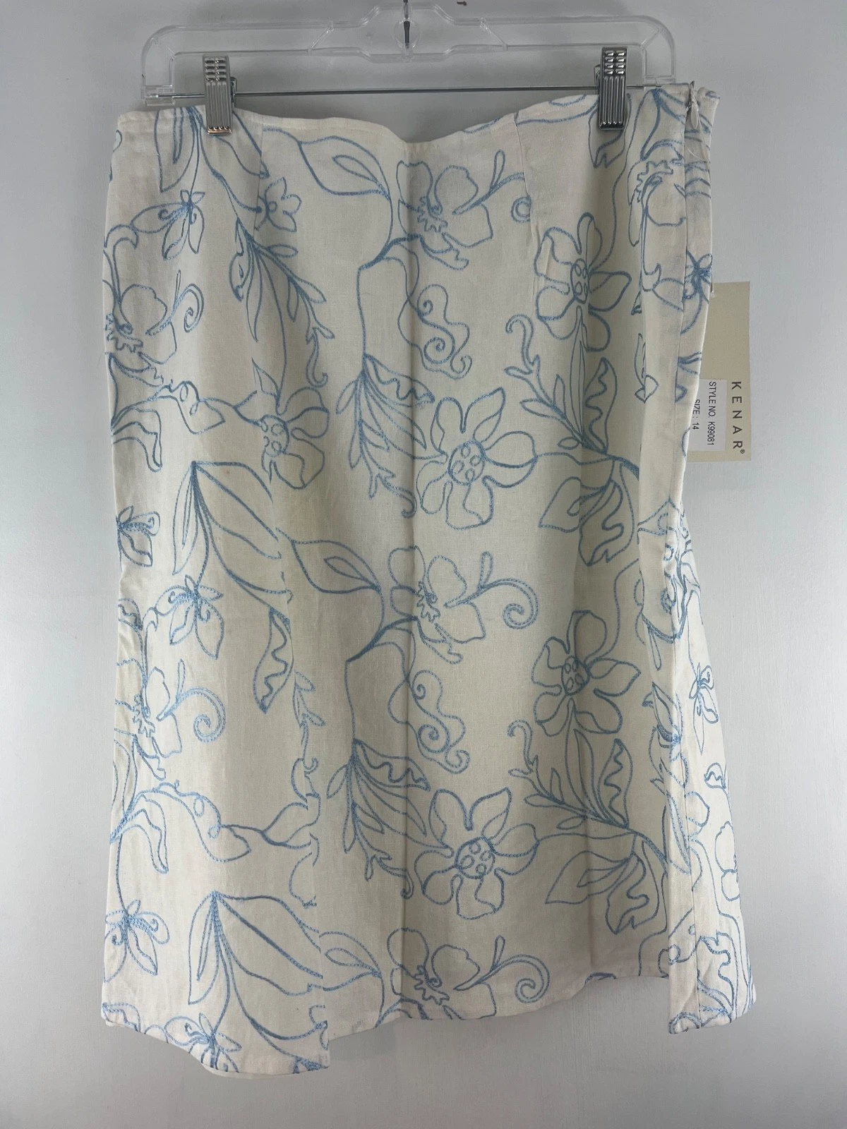NWT KENAR Women's Ivory Blue Embroidered Linen Blend Skirt. Size 14