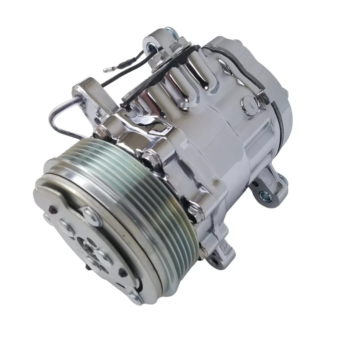 Chrome Mini AC Compressor - Sanden SD-7 Style - Serpentine Pulley