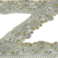Sanskriti Hand Beaded Bridal Dress Border 1 Yd Trim Ribbon Silver Craft Lace