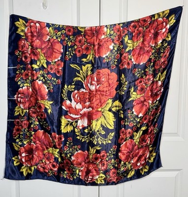 Vintage Floral Satin Scarf Navy Red Peony Babushka Folk Square Wrap