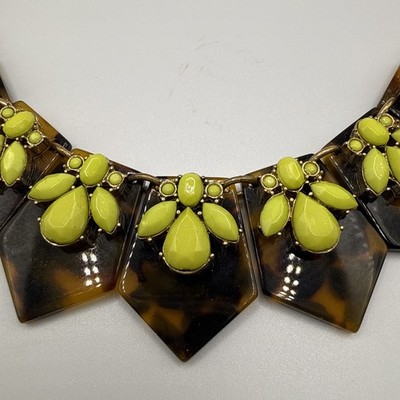 J Crew Faux Tortoise Shell Rhinestone Necklace Gold Tone Business Casual Classic