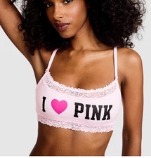 VS PINK ALL COTTON UNLINED LACE-TRIM SCOOP BRALETTE Tulip PINK Graphic Large