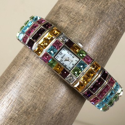 Vintage Silver Multicolor Crystal Quartz Watch Timex Q Rainbow 36mm Silver | Watches.com main image 3