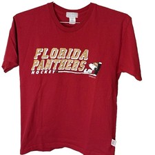 y: Vintage 90s Florida Panthers Snoopy Hockey Shirt Red Made In USA Size S Small