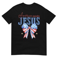 America Needs Jesus Christian USA Flag 4th of July Bow Retro T-Shirt