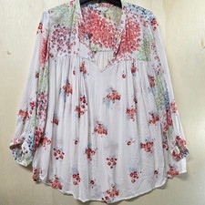 Lucky Brand Womens Floral Peasant Blouse Mixed Print V-Neck Top Cream 1X
