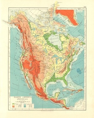 NORDAMERIKA PHYSISCH. Relief. Schlüssel Berge Höhen. Meerestiefen 1906 Karte