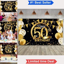 Birthday Party Backdrop Banner 72.8 x 43.3 Inch Black Gold Polyester Fabric