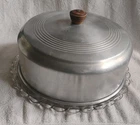 Vintage Federal Glass Cake Plate Footed Aluminum Dome Wooden Handle Scalloped Ed