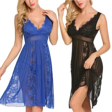 Plus Size Women's-Sexy-Lingerie-Long-Lace-Robe-Sleepwear-Babydoll-Nightgown USA