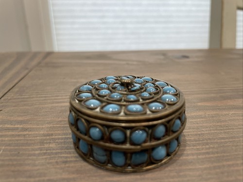 Antique Chinese Tibetan Metal Brass & Turquoise Trinket Box Lid Filigree 2” - Picture 3 of 11
