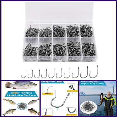 500PCS Fishing Hooks Set 10 Sizes Barbed Carbon Steel w/ Box Fresh/Saltwater