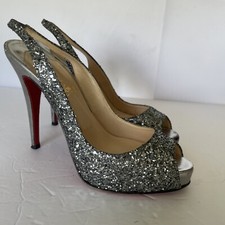 Christian Louboutin Silver Glitter Leather No Prive PeepToe Slingback Sandals 39