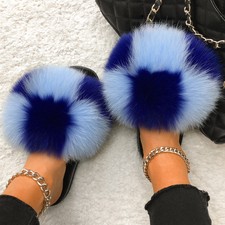 Women's Real Farm Fox Fur Slippers Plush Slides Flat Heel Sandals Casual Beach