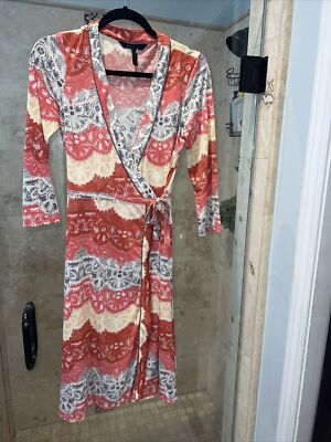 BCBGMaxAzria V-Neck Wrap Tereza Print Adele Jersey Dress XS Curry Red Side  Tie | eBay