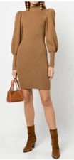 ALICE + OLIVIA CALEB PUFF SLEEVE KNIT BROWN CAMEL MIDI DRESS SIZE S NWOT