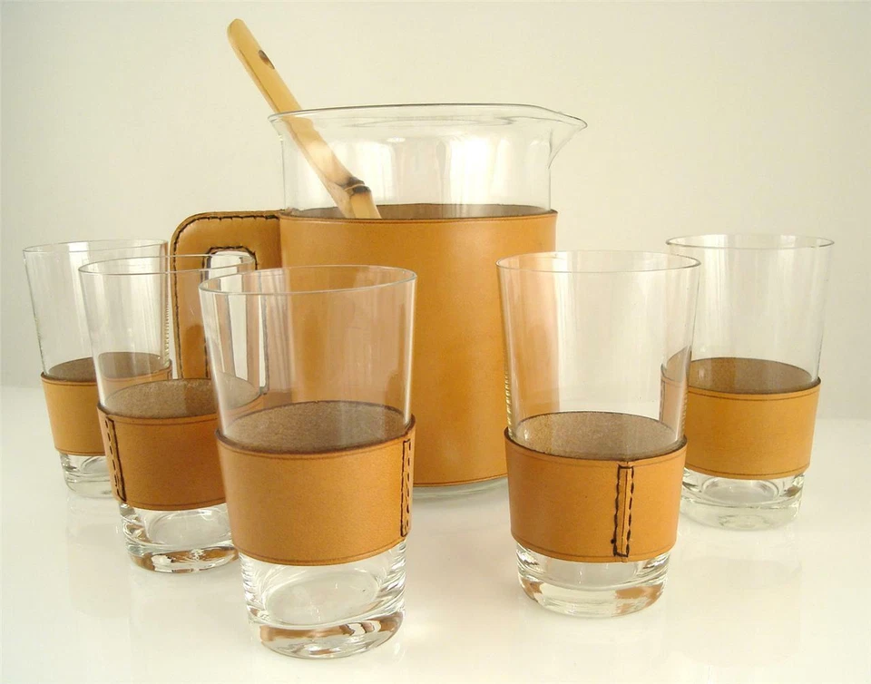 Antiguo juego de 5 vasos + jarra años 50 60 Carl AUBOCK Auböck cuero vidrio bambú Foto 2 de 4