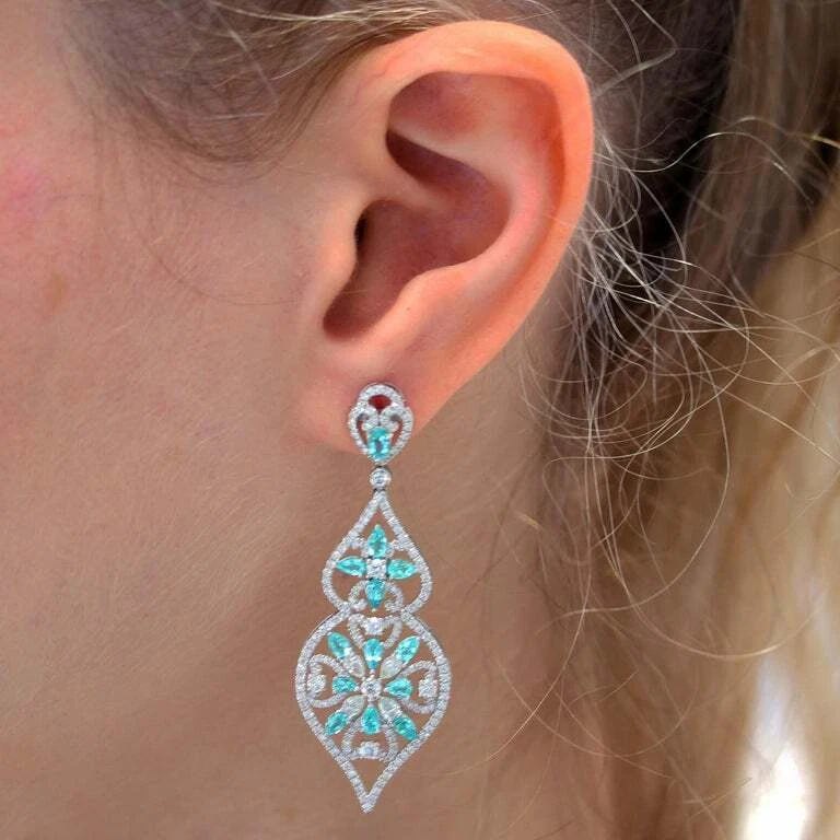 Pendientes colgantes fabulosos de turmalina brasileña Paraiba y circonita cúbica 4,18 TCW Foto 4 de 4