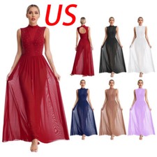 Women Leotard Sleeveless Dancewear Flowy Dress Maxi Jumpsuits Shiny Unitard Mesh