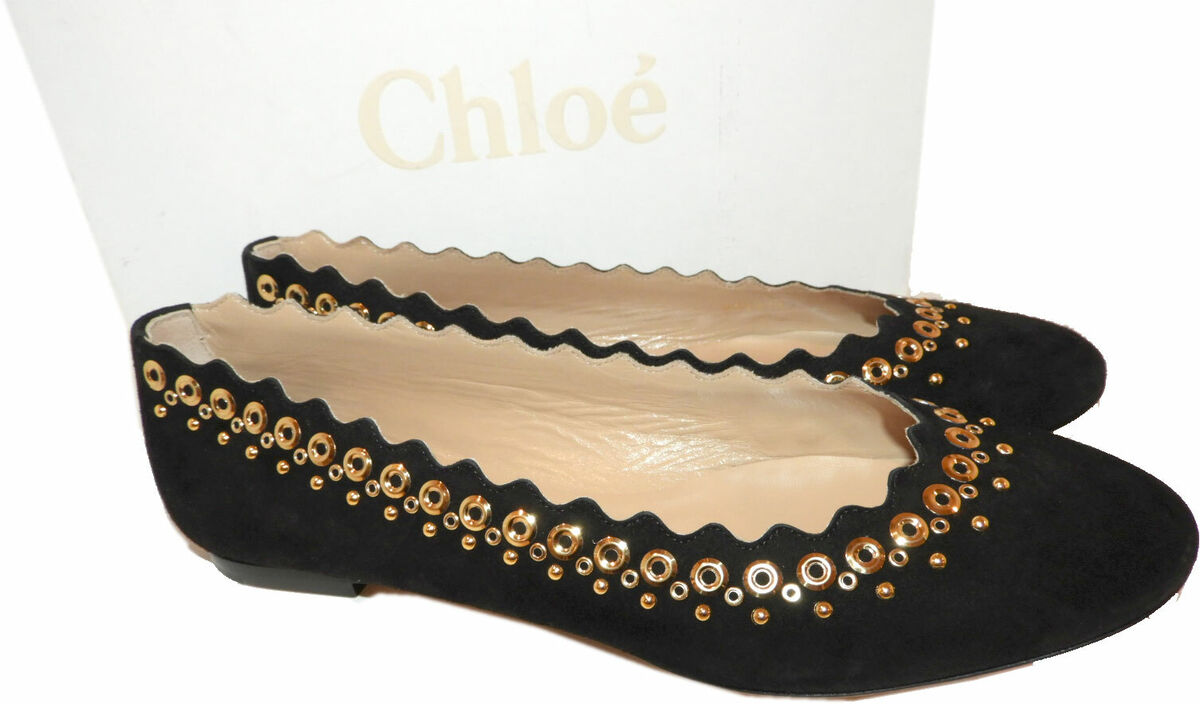 Chloe Lauren Flats Scalloped Studded Ballet Black Suede Shoes