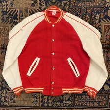 Vintage Cotton Bomber Jacket HARV-AL 50s 60s Large Red White Made In USA