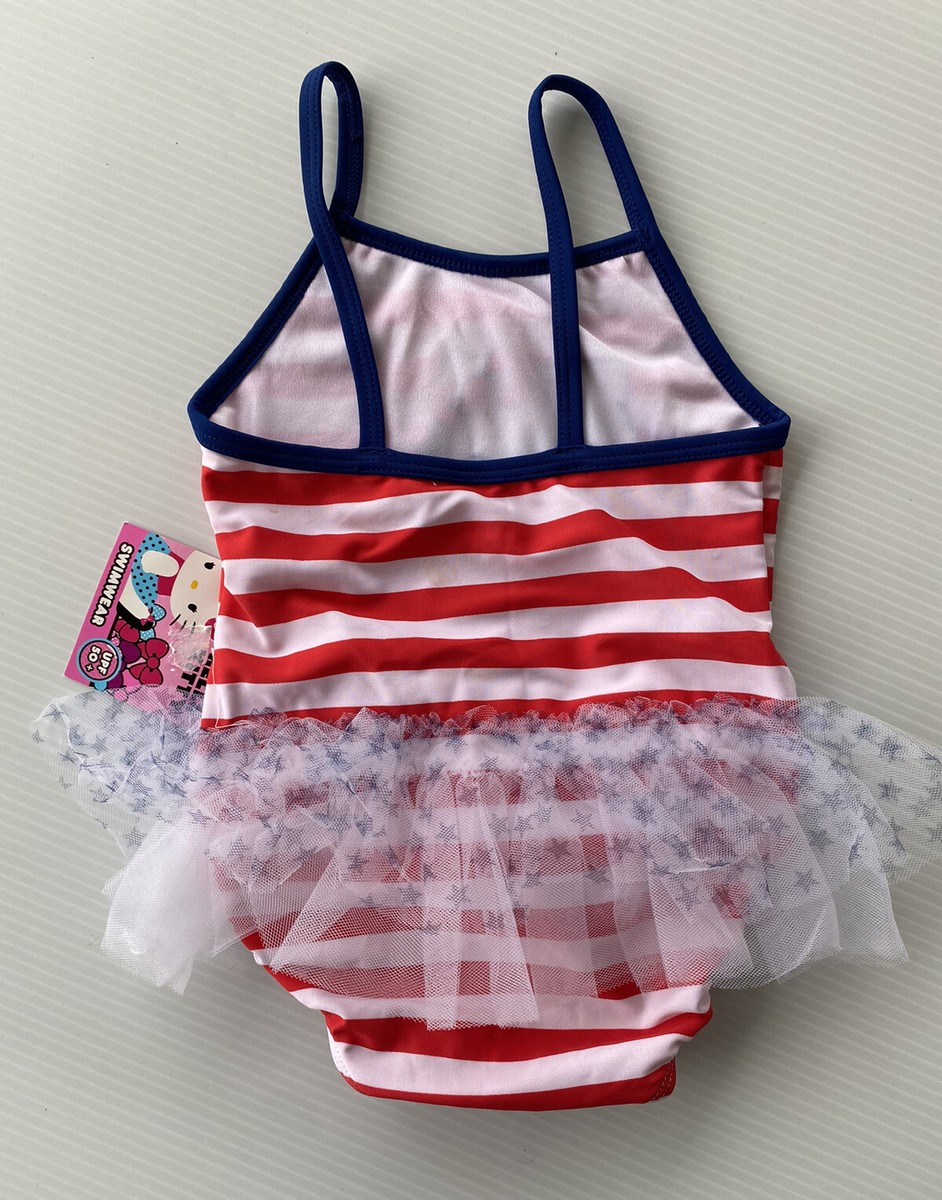 NEW Girls One Piece Swimsuit HELLO KITTY Stars Stripes TUTU
