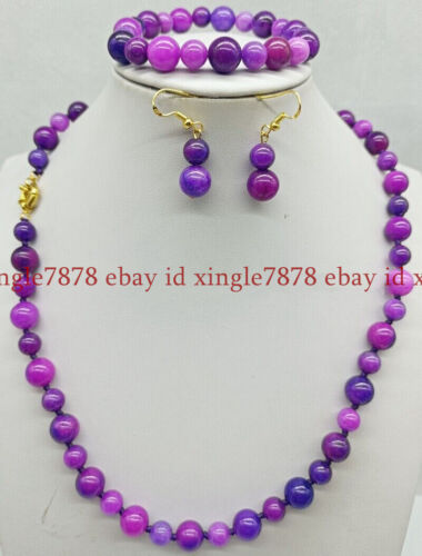 Fashion 8mm & 10mm Purple Sugilet Round Gems Necklace Bracelet Earrings Set 20" - 第 1/12 張圖片