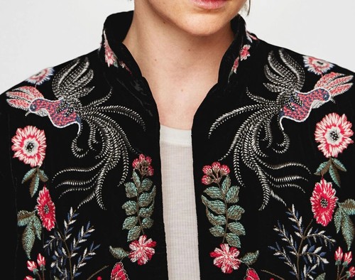 A856 ZARA VELVET BLAZER BLACK EMBROIDERED FLORAL KIMONO COAT JACKET MEDIUM - M - Picture 14 of 24