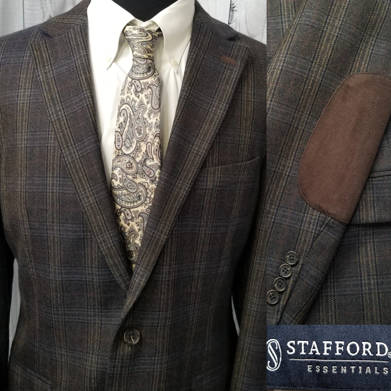 Stafford Elbow Patches Blazer Jacket Men's Slim Fit 44L Plaid Sport Coat