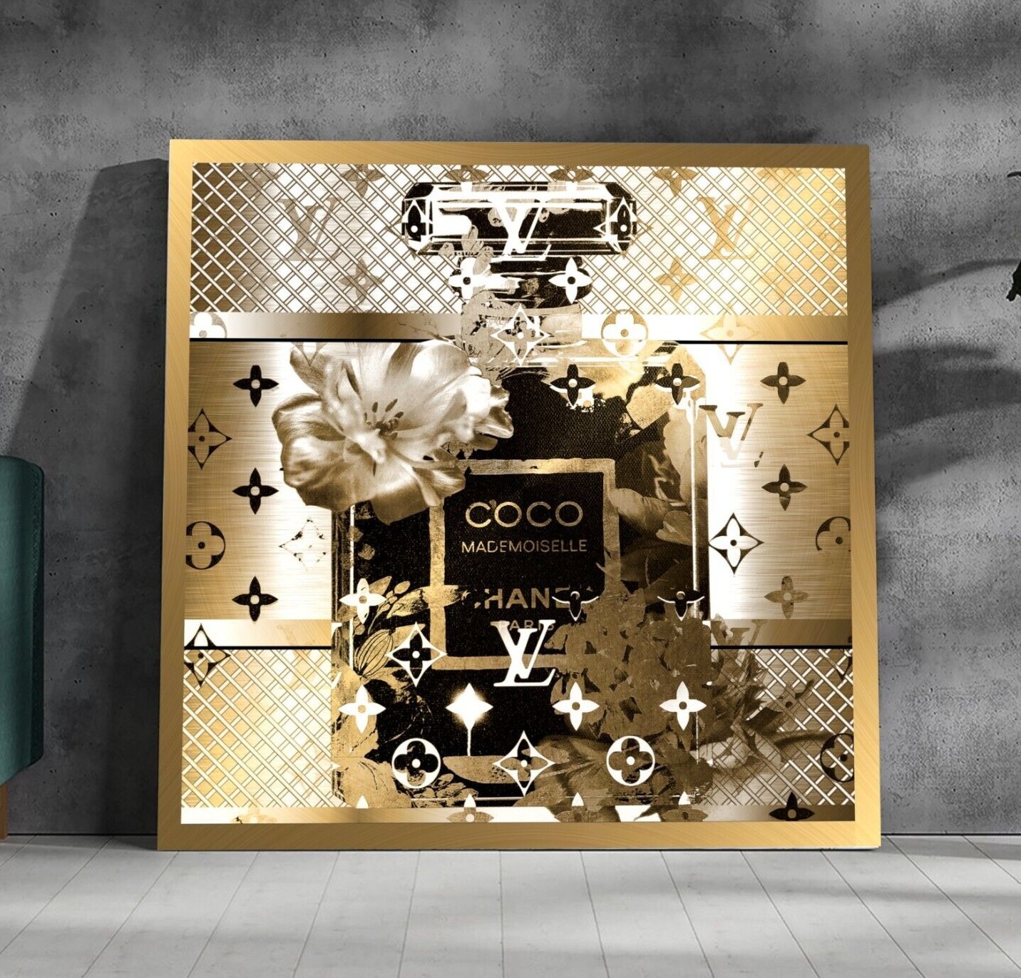 XL LEINWAND BILD BIS 140x140x5 COCO CHANEL PARFUM POP ART LV GOLD OPTIK xl-leinwand-bild-bis-140x140x5-coco-chanel-parfum-pop-art-lv-gold-optik