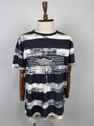 Desigual White Black Striped All Printed Short Sleeve Casual Men's T-Shirt Sz L
