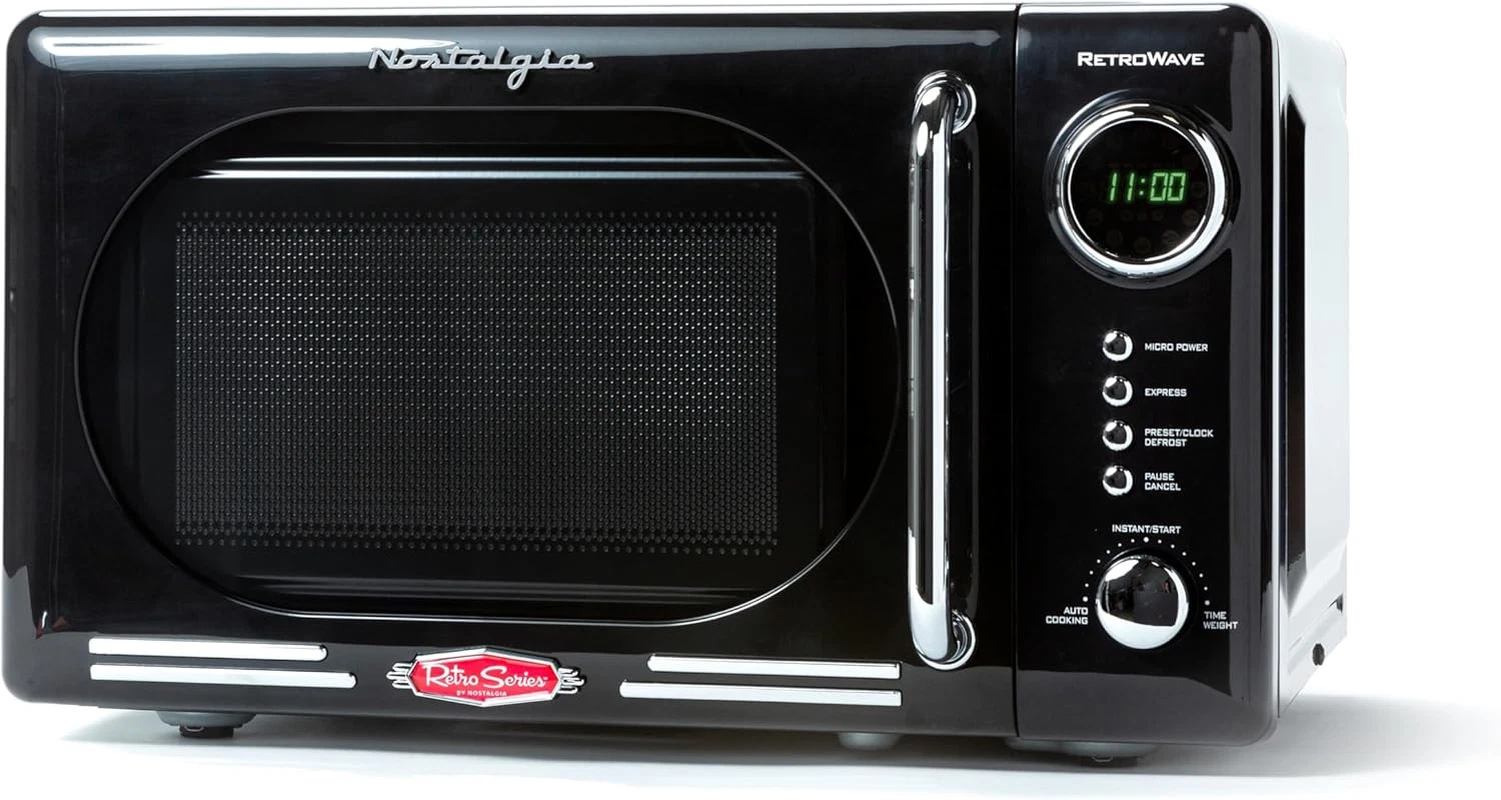 Compact Retro Microwave Oven - 0.7 Cu. Ft., 700W, LED Display, Child Lock, Black