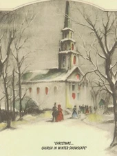 *Christmas-"People Arrive to Service-Church/Winter Snowscape"(Postcard) {*Pro-8