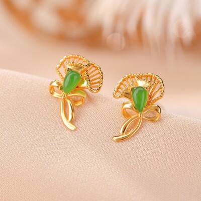 F02 Ohrringe Ginkgo-Blatt und Schleife Tropfen aus Jade Silber 925 vergoldet