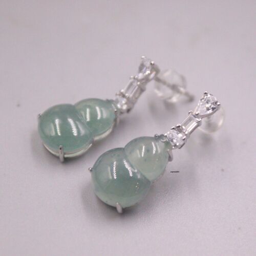 Massiv 925 Sterlingsilber Nieten Natur Jade Glück Zirkon Kürbis Hängel Ohrringe - Bild 2 von 9