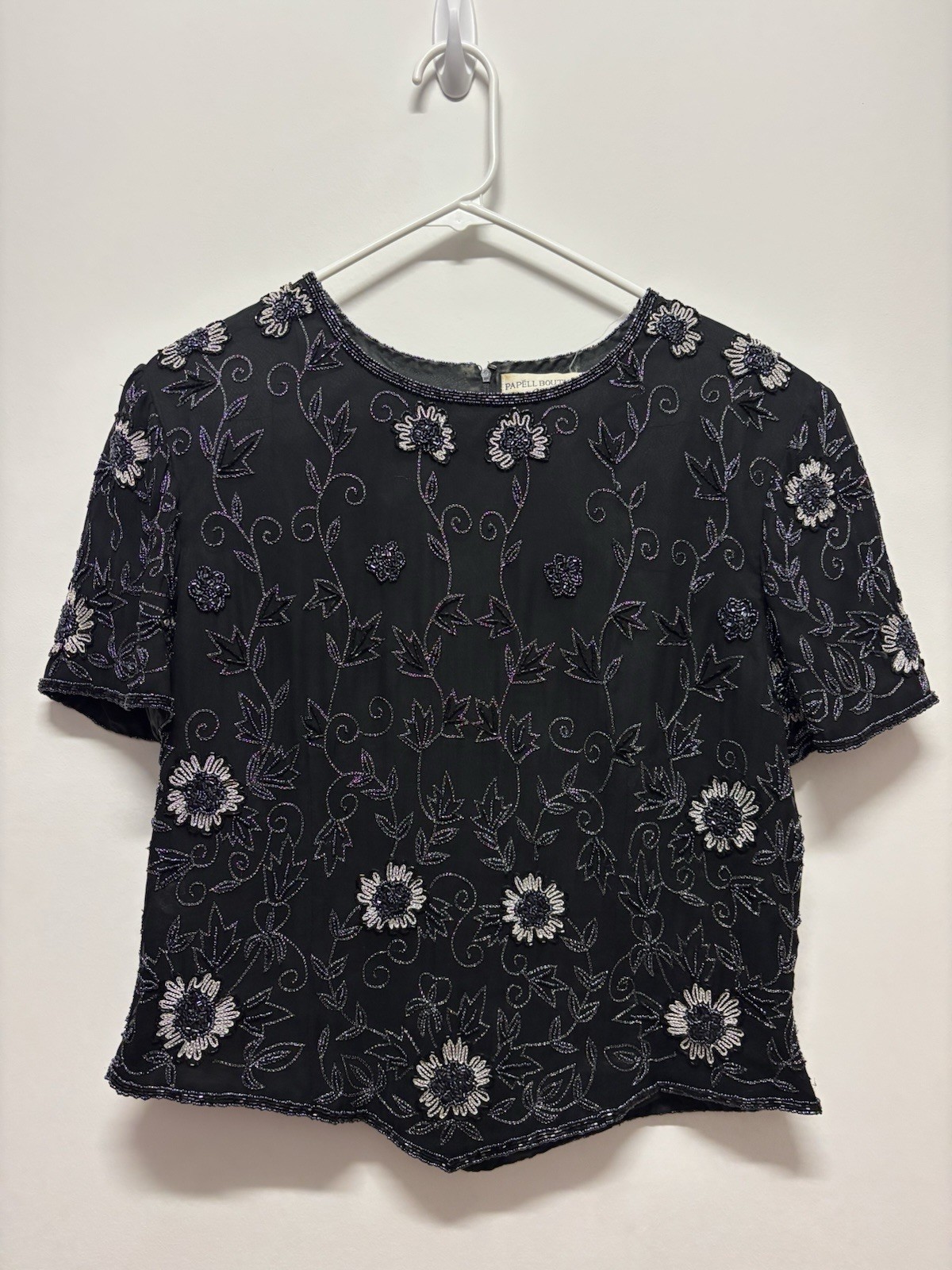 Papell Boutique Evening Blouse Womens Vintage Size L Silk Black Beaded Floral