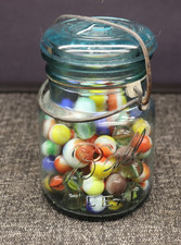 Vintage Ball Ideal Aqua Blue Glass Jar w/ Old Glass Marbles