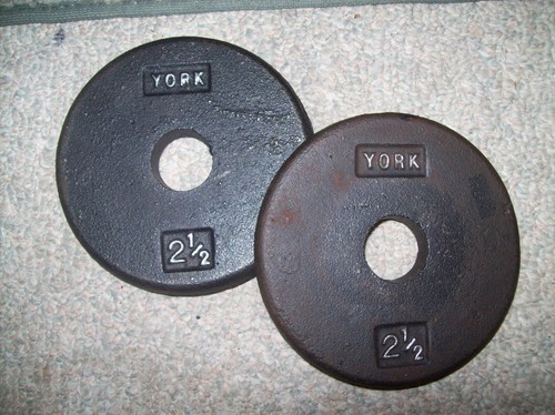 vtg YORK BARBELL "PANCAKE" 2.5s Bodybuilding fitness STRONGMAN Dumbbells GYM ab