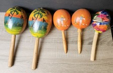 Lot Of 5 Vintage Maracas Shakers Rattles Handmade Hand Painted Mexico Chac Chacs