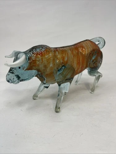 Vintage Murano Hand Blown Orange Glass Bull Sculpture Art Glass Figurine Italy