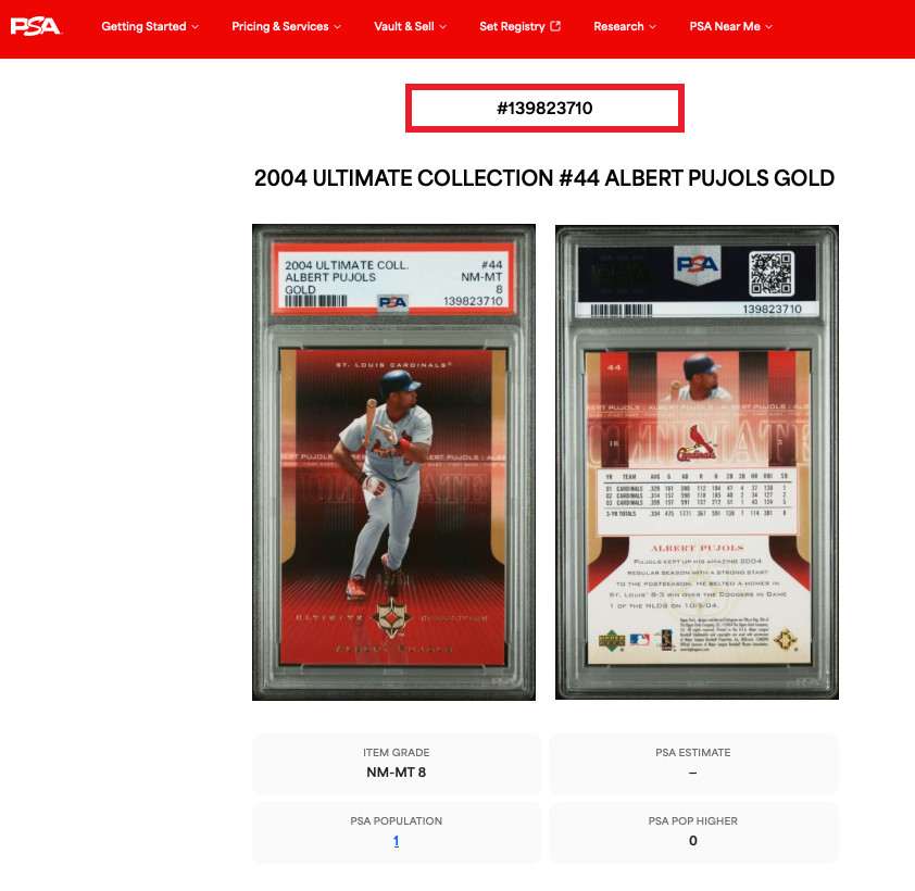 2004 Ultimate Collection Albert Pujols GOLD /50 PSA 8 NM-MINT! 🔥 Pop 1, HIGHEST view 3